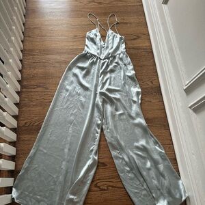 Zara Women's Light Blue Water/Silver Satin Romper - Medium